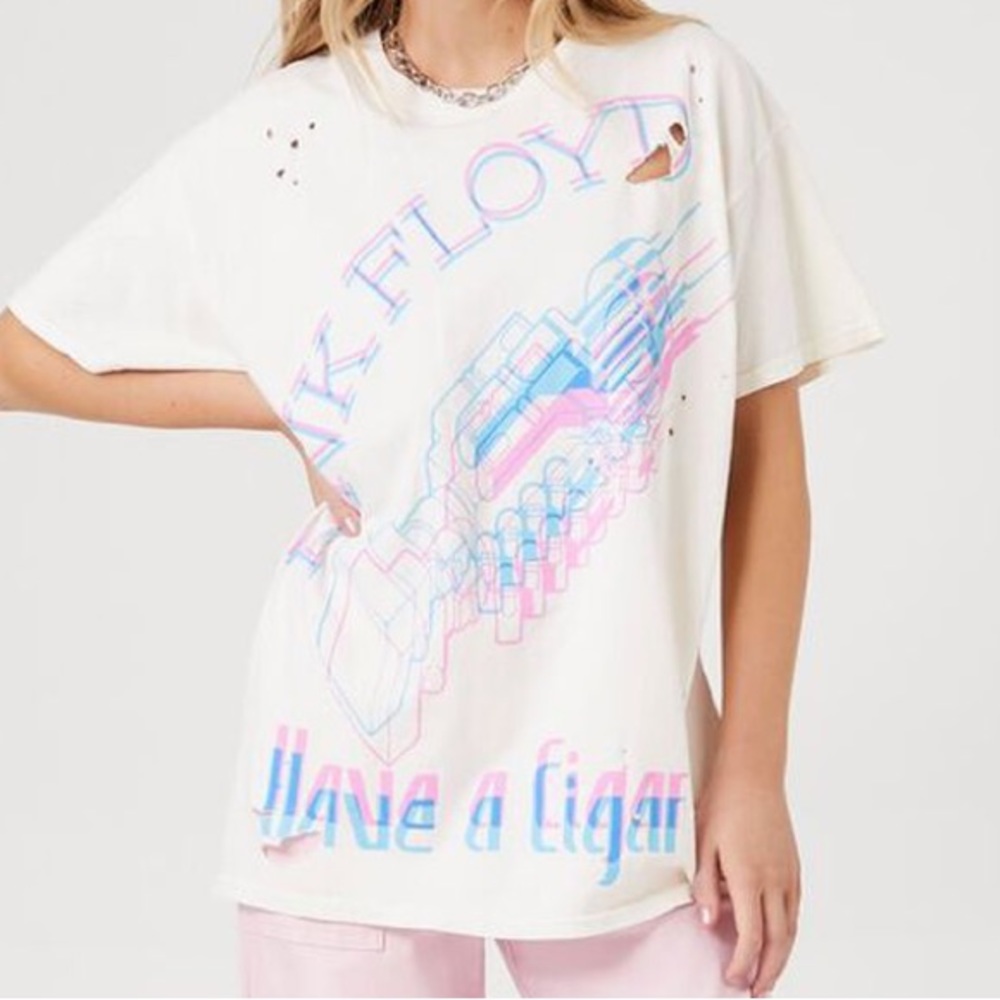 Pink Floyd Womens S/M short sleeve white machine gun distressed tee top